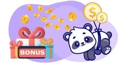 Cartoon panda with a bonus gift and floating coins, celebrating a reward.