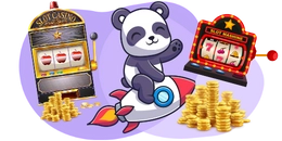 Ein Zeichentrickpanda reitet auf einer Rakete zwischen zwei Spielautomaten mit Haufen von Goldmünzen.