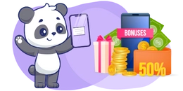 Cartoon panda with phone, gift box, stack of coins, and "BONUSES 50%" sign.