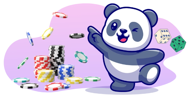 Ein fröhlicher, zwinkernder Panda deutet auf einen Stapel bunter Casinochips. Zwei Würfel sind ebenfalls dargestellt.