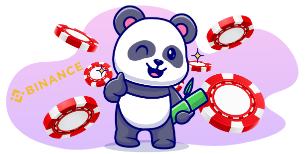 Ein Panda mit einem Daumen hoch hält ein Stück Bambus, umgeben von roten Pokerchips und dem Binance-Logo.