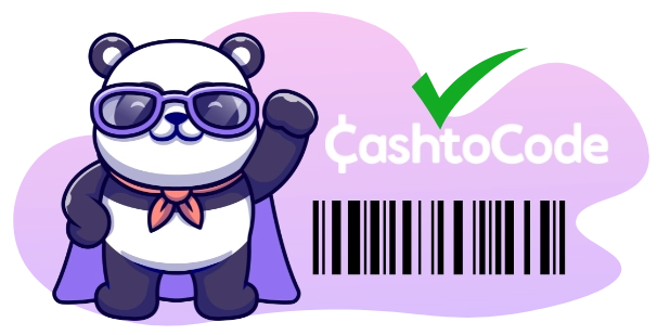 Ein Cartoon-Panda mit Sonnenbrille und Umhang, der den Arm hebt, neben dem "cashtoCode"-Logo mit einem grünen Haken und einem Strichcode darunter.