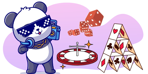 Ein Cartoon-Panda mit pixelierten Sonnenbrillen und Kopfhörern hält eine Boombox, während Würfel, ein Roulette-Rad und ein Kartenhaus im Hintergrund zu sehen sind, was auf Glücksspiel oder Spiele des Zufalls hinweist.