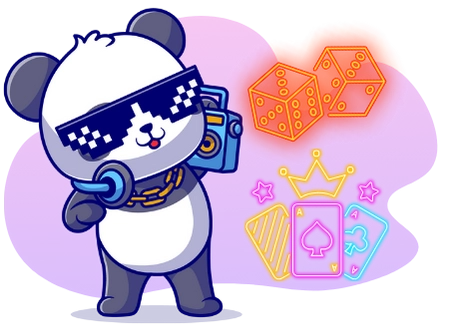 Ein cooler Cartoon-Panda mit pixeliger Sonnenbrille und goldener Kette hält einen Boombox, mit neonfarbenen Spielkarten, Würfeln, einer Krone und Sternen im Hintergrund.