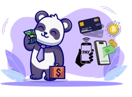 Cartoon panda with money, credit card, and phone payment icons.