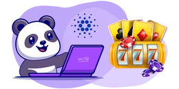 Cartoon-Panda benutzt einen Computer neben einem Spielautomaten und im Hintergrund ist ein Cardano-Logo zu sehen