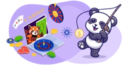 Ein Cartoon-Panda mit einer Angel fängt eine Goldmünze und im Hintergrund sind ein Computer und ein Cardano-Logo zu sehen.