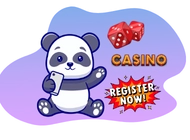 Ein Cartoon-Panda hält ein Handy, darüber Würfel und der Schriftzug "Casino" sowie ein roter Button mit "Register Now!".