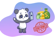 Cartoon-Panda mit Handy, Geld und "Bestätigt"-Stempel.