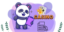 Cartoon-Panda im Casino, hält eine Liste, Spielkarten daneben.