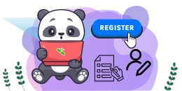 Cartoon-Panda mit Laptop, "Registrieren"-Button und Anmeldesymbolen.