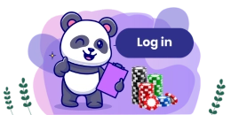 Ein Panda mit Notizblock, "Log in"-Schaltfläche und einem Stapel bunter Pokerchips.