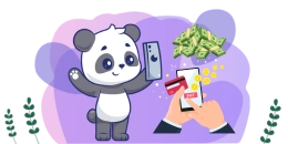 Cartoon-Panda mit Smartphone, Geld und Hand mit Kreditkarte.