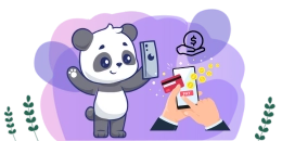 Niedlicher Panda mit erhobenen Armen und einem Smartphone, im Hintergrund wird Geld von einem anderen Handy transferiert.