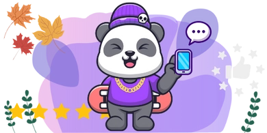 Cartoon-Panda mit lila Outfit hält ein Smartphone