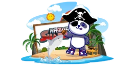 Ein Cartoon-Piratenpanda auf einer tropischen Insel mit einer Schatzkiste, der einen Hai an der Leine hält, und auf einem Schild das Logo „RAZOR SHARK“.