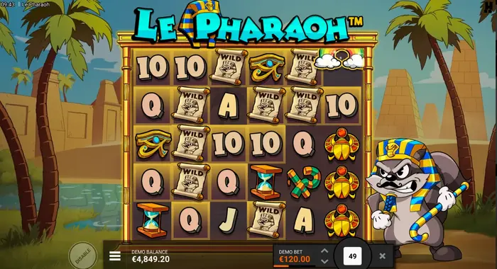 Ein Screenshot des Spielautomaten „Le Pharaoh“ mit ägyptischem Thema, der Symbole wie Skarabäen, Hieroglyphen und den Pharao selbst zeigt, mit einem Demoguthaben von 4.849,20 €.