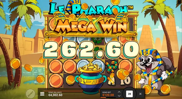 Ein Screenshot des Spielautomaten Le Pharaoh, der die Meldung MEGA WIN mit einer Auszahlung von 262,60 € und von den Walzen fallenden Münzen zeigt.