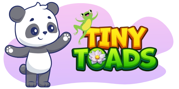 Ein Cartoon-Panda winkt neben einem Logo mit einem springenden Frosch und dem Text „Tiny Toads“ mit einer Lotusblume.