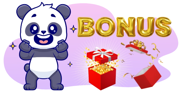 Ein fröhlicher Cartoon-Panda ballt aufgeregt seine Fäuste, das Wort BONUS in großen goldenen Buchstaben und offene Geschenkboxen voller Münzen suggerieren eine Belohnung oder einen Preis.