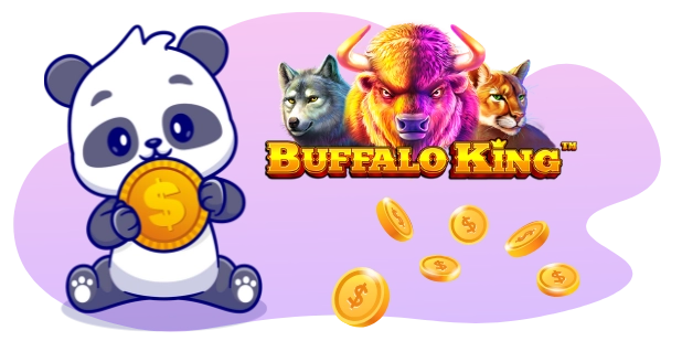 Ein Cartoon-Panda mit einer Dollarmünze in der Hand sitzt vor dem Buffalo King-Logo, um das herum Münzen verstreut sind.