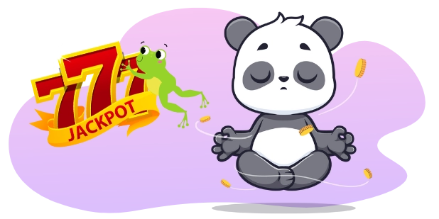 Ein meditierender Cartoon-Panda schwebt über Münzen, mit einem springenden Frosch und einem 777-Jackpot-Banner im Hintergrund.