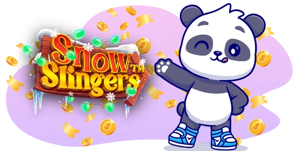 Ein Cartoon-Panda winkt und lächelt neben dem Logo des Spiels Snow Slingers, während um ihn herum Münzen fallen, was auf ein unterhaltsames und potenziell lohnendes Spiel hindeutet.