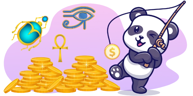 Ein Zeichentrickpanda angelt mit einer Angelrute nach einer Dollarmünze, umgeben von Stapeln aus Goldmünzen und Symbolen mit ägyptischem Motiv.