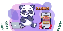 Ein Cartoon-Panda mit Brille sitzt vor einem Laptop mit einem „Casino“-Schild im Hintergrund