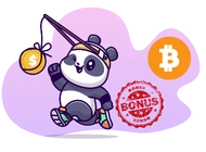 Panda mit Angel, Bitcoin und Bonus-Stempel