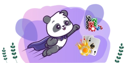 Ein Cartoon-Panda mit einem Superhelden-Umhang fliegt durch die Luft auf einen Stapel Pokerchips und Spielkarten zu.