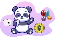 Panda mit Spielkarten, Smartphone und Bitcoin.