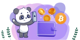 Panda mit Smartphone, Bitcoin und Wallet.