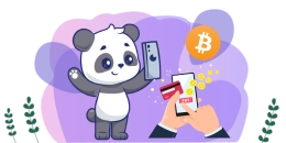 Panda mit Smartphone, Bitcoin und Kreditkarte