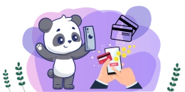 Panda hält Handy, Kreditkarten und Hand mit Smartphone.