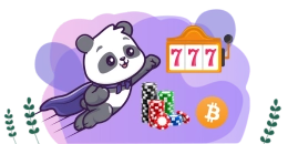 Fliegender Panda mit Spielautomat, Jetons und Bitcoin