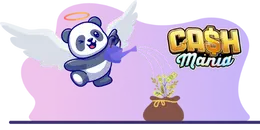 Ein Panda-Engel im Zeichentrickstil gießt einen Topf mit Geld, im Hintergrund ist das Logo CASH Mania zu sehen.