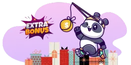 Ein Cartoon-Panda, der ein Stirnband trägt und mit einer Angel nach einer Goldmünze angelt, umgeben von Geschenken und den Worten ''EXTRA BONUS''.