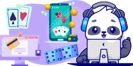 A panda with headphones using a computer, with cards, poker chips, and a credit card screen.