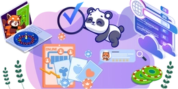 A panda using a laptop with casino games, cards, poker chips, and a checkmark in the background.