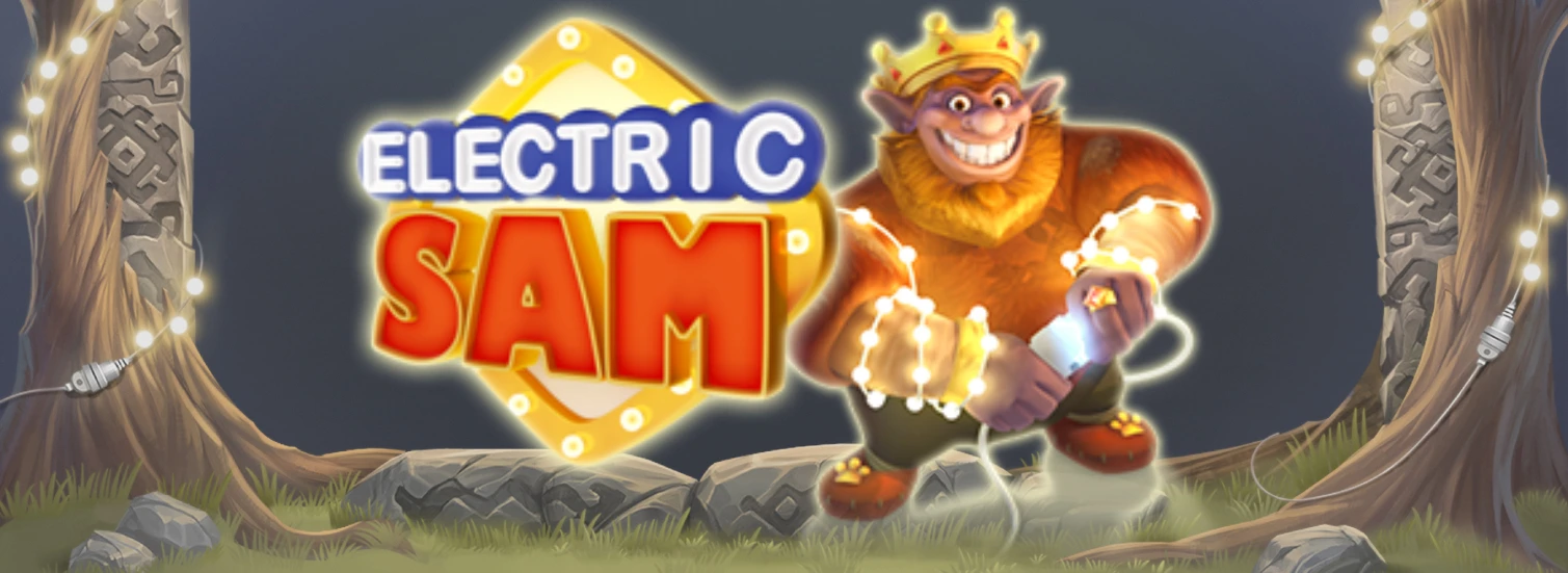 Animated image of 'Electric Sam,' a smiling troll-like character with a crown, glowing with electric lights. The scene features a forest with carved stone pillars, string lights, and grass, with the title in bold blue and red letters framed by a glowing yellow diamond.