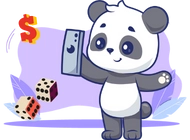 A cute panda is holding a smartphone and pointing at it. A dollar sign and dice are floating around.