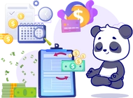 A panda meditating beside financial icons, including a calendar, money stacks, and a mobile wallet.