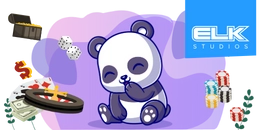 A smiling panda sitting with closed eyes, surrounded by casino-related elements including dice, poker chips, playing cards, a roulette wheel, cash, and a treasure chest with gold. The 'ELK Studios' logo appears in the top right corner, set against a vibrant purple background.