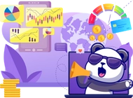 A panda with sunglasses and a megaphone, surrounded by charts, graphs, and financial indicators.