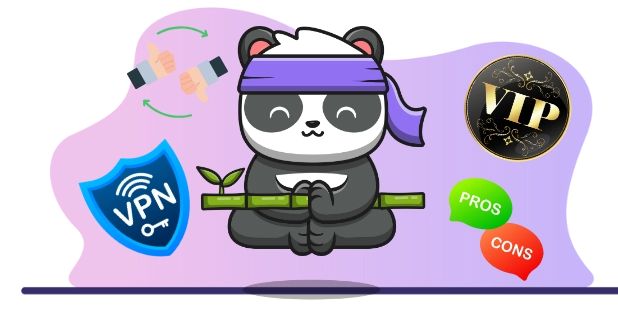 A cute panda meditating on a bamboo stick, with a VPN shield, VIP badge, and pros and cons speech bubbles, suggesting a focus on online privacy and security.