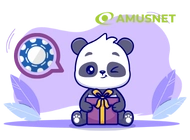 A cute panda is sitting on the ground, holding a gift box with a ribbon. The panda is winking and there is a casino chip icon in a speech bubble above its head. The text 