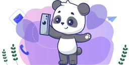 A cheerful panda holding up a smartphone, surrounded by communication-themed elements including an envelope, a paper plane, and a phone icon. The background features soft purple tones with playful decorative accents.