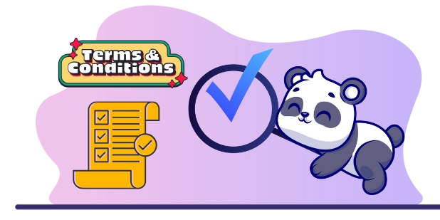 Playful panda reviewing terms and conditions, with a checklist and a magnifying glass.