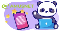 A cute panda is sitting on a laptop, waving. A smartphone with stars around it is next to the laptop. The text "AMUSNET" is displayed in the top left corner.